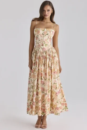 Ysabella Warm Rose Print katoenen midi-zomerjurk