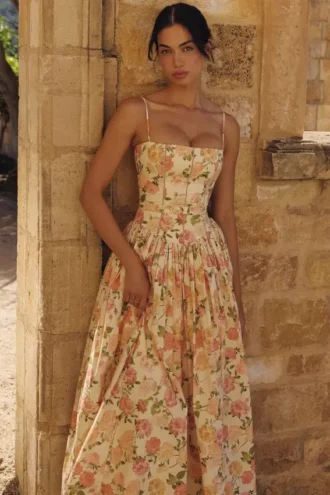 Ysabella Warm Rose Print katoenen midi-zomerjurk