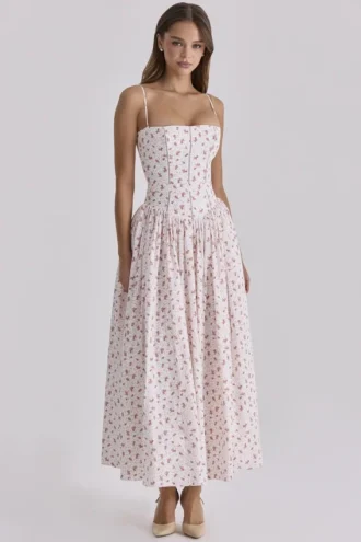 Ysabella witte katoenen midi-zomerjurk met rozenprint