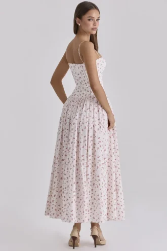Ysabella witte katoenen midi-zomerjurk met rozenprint