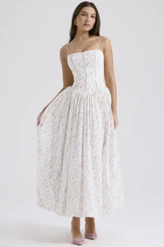 Ysabella witte maxi-zomerjurk van katoen met bloemenprint