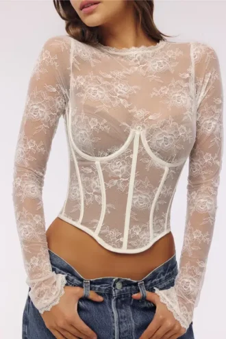 Zoe Vintage ivoorkleurige kanten corset-top met lange mouwen