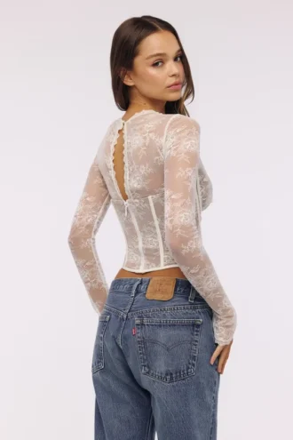 Zoe Vintage ivoorkleurige kanten corset-top met lange mouwen